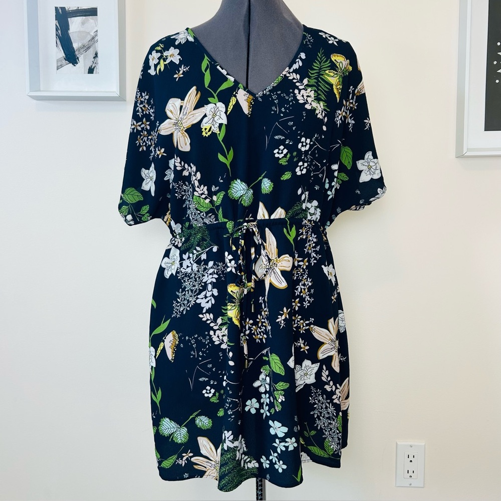Mario Serrani Italy Floral Cover Up Dress | Resortwear Vacation Kaftan | Navy